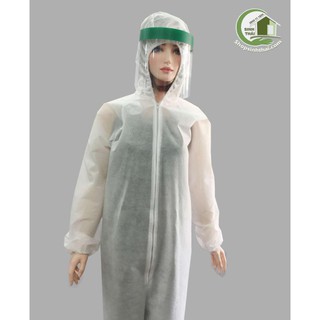 Bộ quần áo bảo hộ phòng dịch màu trắng kèm mặt nạ kính màu xanh lá cây