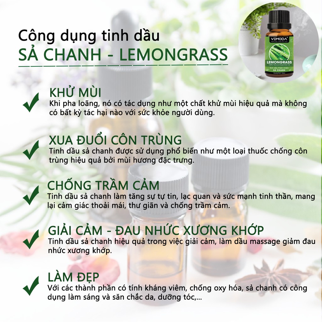 Combo 3 chai tinh dầu nguyên chất Vemoda: tinh dầu Bạc hà + tinh dầu Thông đỏ + tinh dầu Sả chanh