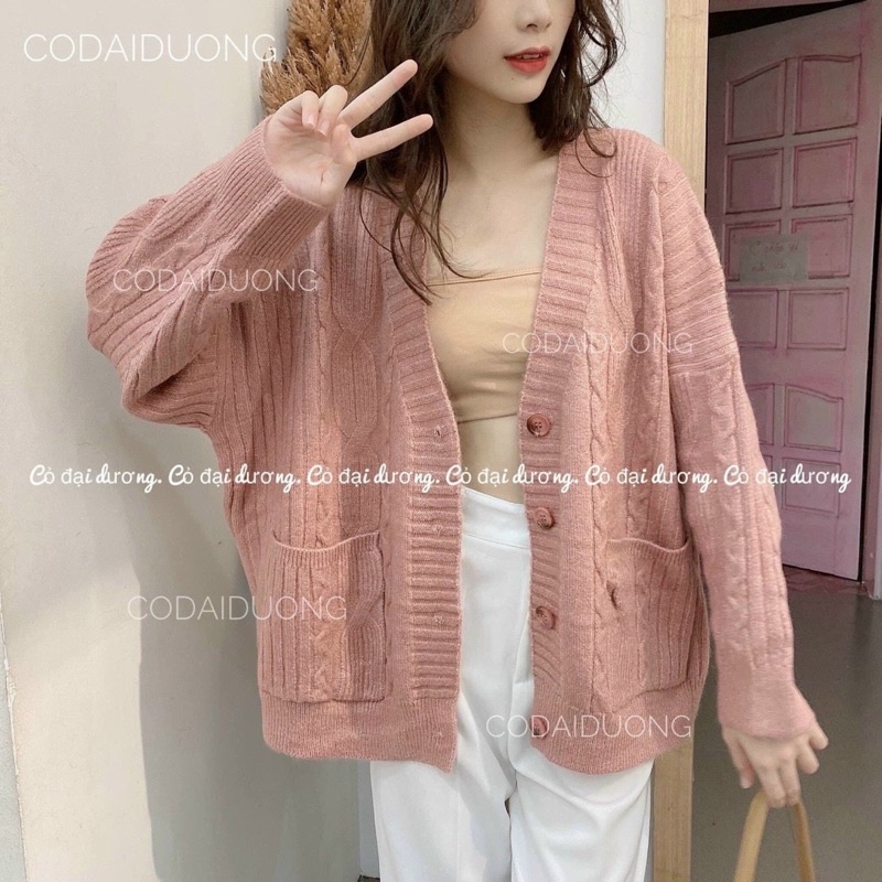 Áo cadigan len vặn thừng cài khuy 2 túi hàng chuẩn QC