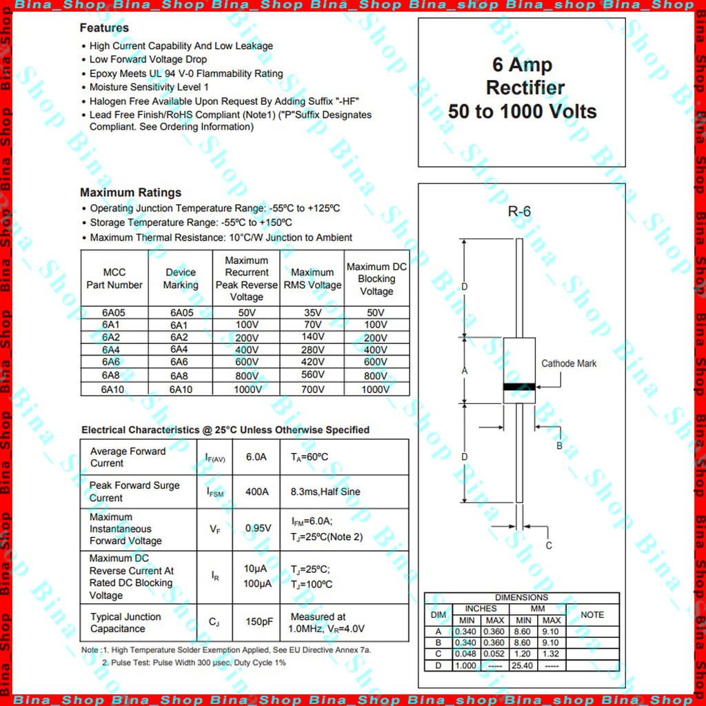 Diode (đi-ốt) chỉnh lưu 6A10 6A 1000V