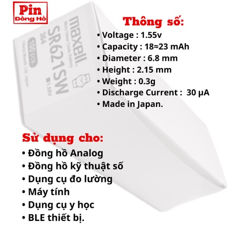 Pin 621 Maxell SR621SW Âu 1 vỉ 5 viên. Pin sr621 dùng cho cmos, đồng hồ, thiết bị điện tử, bảng mạch điện,...