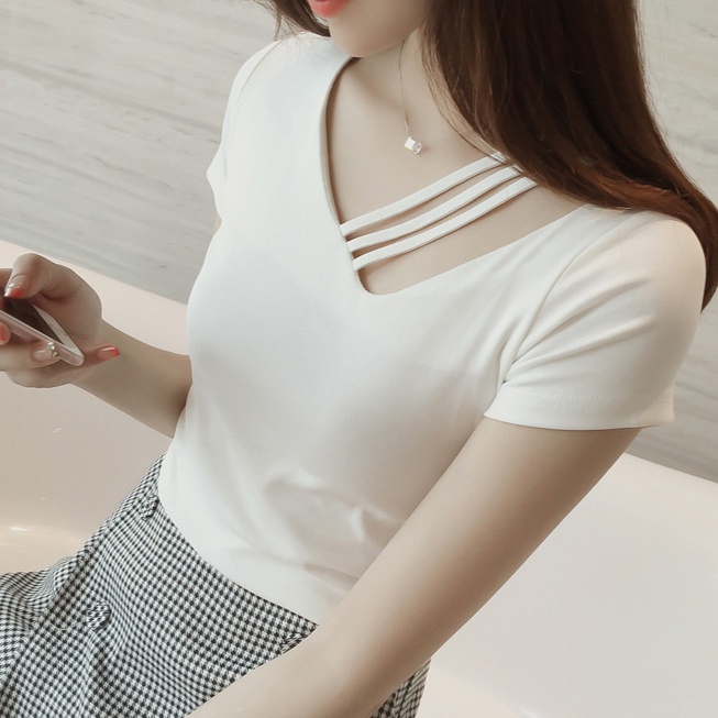 Áo Thun Nữ Cổ Chữ V Dáng Ôm Phong Cách Hàn Quốc Thời Trang Mùa Hè