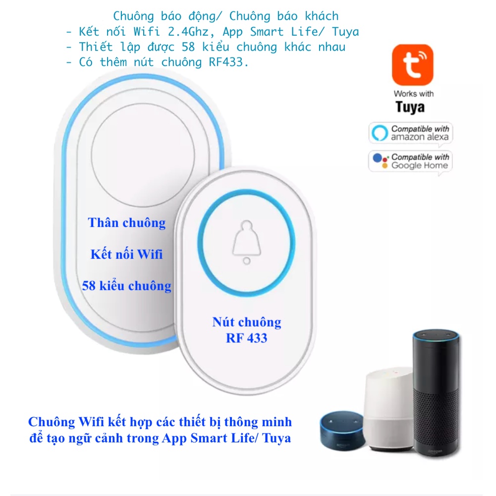 Chuông cửa kiêm báo động dành cho hệ sinh thái Tuya (Tuya Wifi Siren with Door Bell), App Smart Life/ Tuya