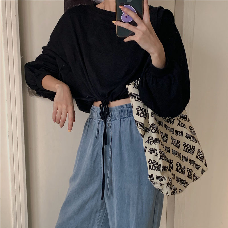 Áo Thun Lửng Tay Dài Dáng Rộng Eo Cao Trẻ Trung Phong Cách Hàn Quốc