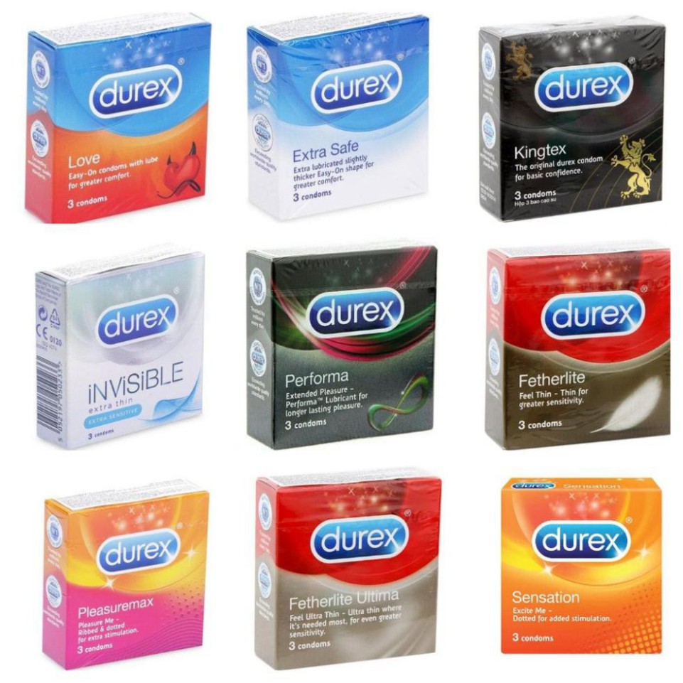 Bao Cao Su Durex Hộp 3 Cái - Đủ Loại - Siêu Mỏng, Gân Gai, Kéo Dài Thời Gian, Tăng Khoái Cảm