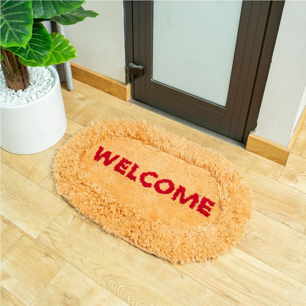 Thảm lau chân, chùi chân KAQI thêu chữ Welcome hình bầu dục, vải mềm mại, chống trơn trượt, thấm hút nước tốt