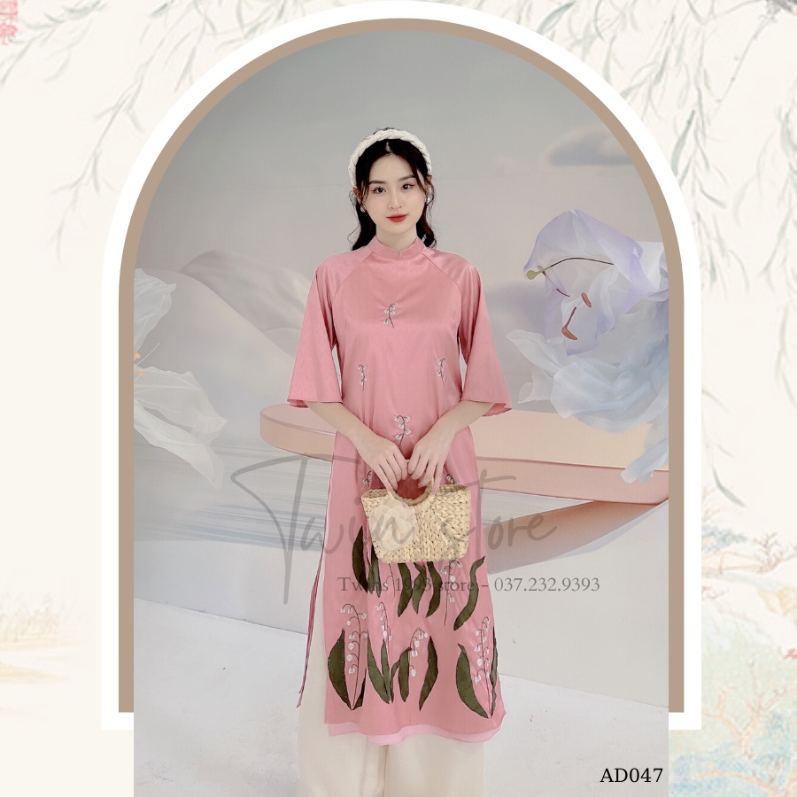 Áo dài cách tân KÈM QUẦN dáng suông TWINS STORE chất lụa vân gỗ thêu hoa, đính lá vải - AD047