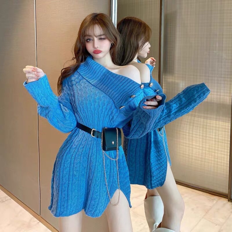 ÁO LEN SUÔNG CÀI KHUY VAI LỆCH VAI PHỐI MÀU KÈM BELT/NỊT TÚI DA PU