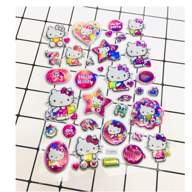 Sét Sticker mèo kitty 3D bóng halogram nổi trống nước trống xước, hình dán hello kitty