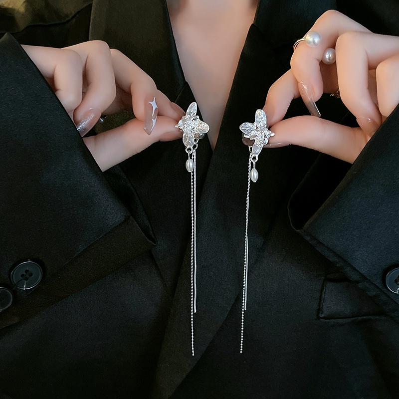 Bông tai thiết kế dáng dài thanh lịch bằng kim loại không cần xỏ lỗ