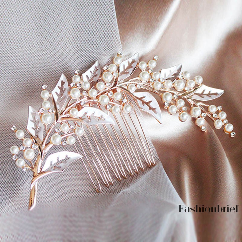 ❤BRIEF High Quality Simple Wedding Bridal Pearl Leaves Shiny Rhinestone Hair Comb Fashion Bridesmaid