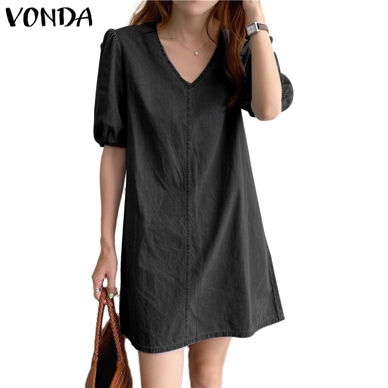 Đầm VONDA tay ngắn cổ chữ V màu trơn thời trang mùa hè phong cách Hàn Quốc dành cho nữ