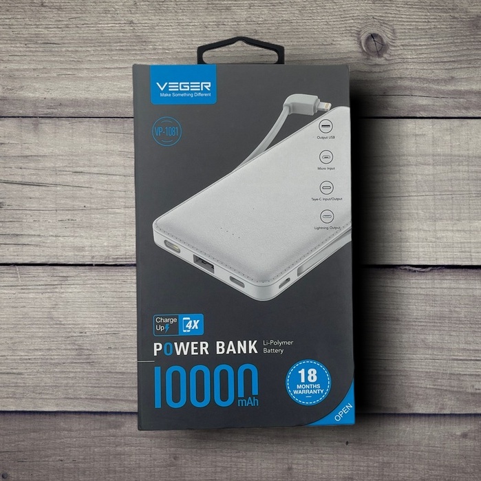 Sạc dự phòng 10000mAh VEGER VP1081, Pin sạc dự phòng tích hợp cáp sạc TypeC Lighning bảo hành 12 tháng - SATOPA