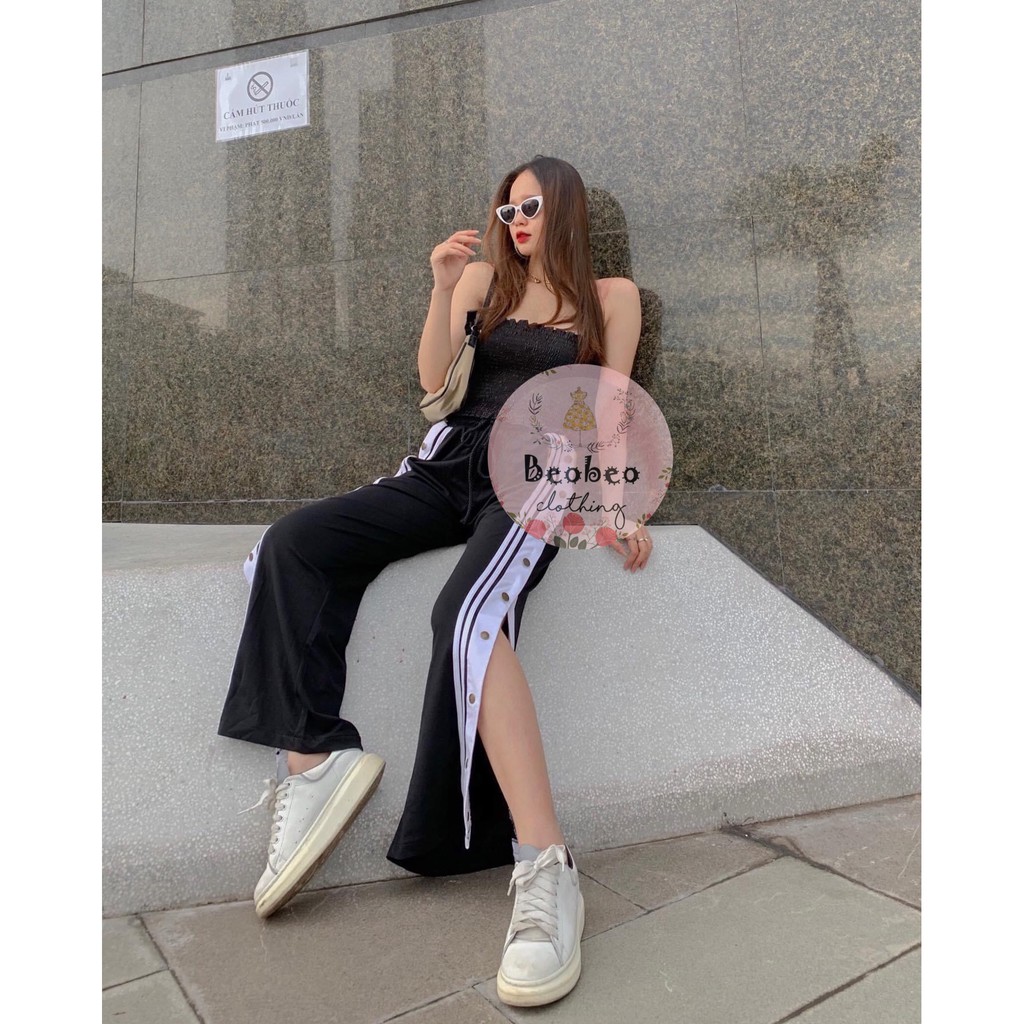 Quần culottes thun đen viền trắng phối nút bấm xẻ ulzzang