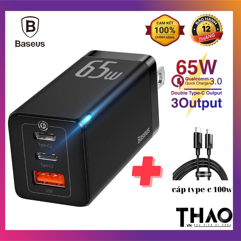 Bộ sạc BASEUS GaN2/GaN3Pro/Gan3Desktop tặng kèm cáp 100W (C-C) chính hãng. Hỗ trợ sạc Macbook, Laptop, iPhone, iPad, DT