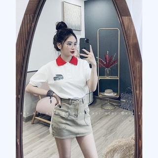 Áo phông polo cá sấu trắng cổ đỏ cho nữ