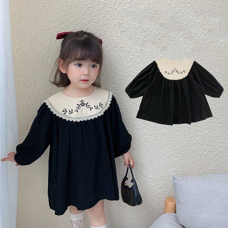 Đầm Công Chúa Cổ Bèo Thêu Hoa Cho Bé Gái