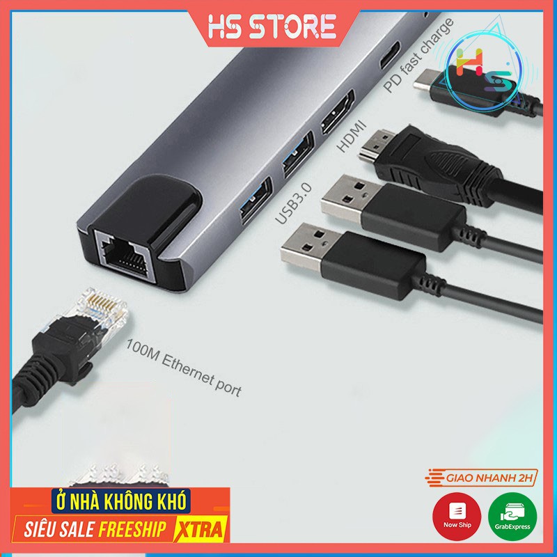 Hub Type C 8in1 - Cổng chuyển đổi HUB USB Type-C to HDMI, USB 3.0, SD, TF, RJ45, PD Type-C cho Laptop Macbook