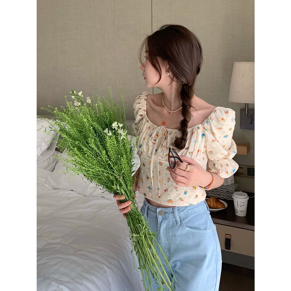 Áo Kiểu Tay Phồng Cổ Vuông In Họa Tiết Hoa Dễ Thương Phong Cách Pháp