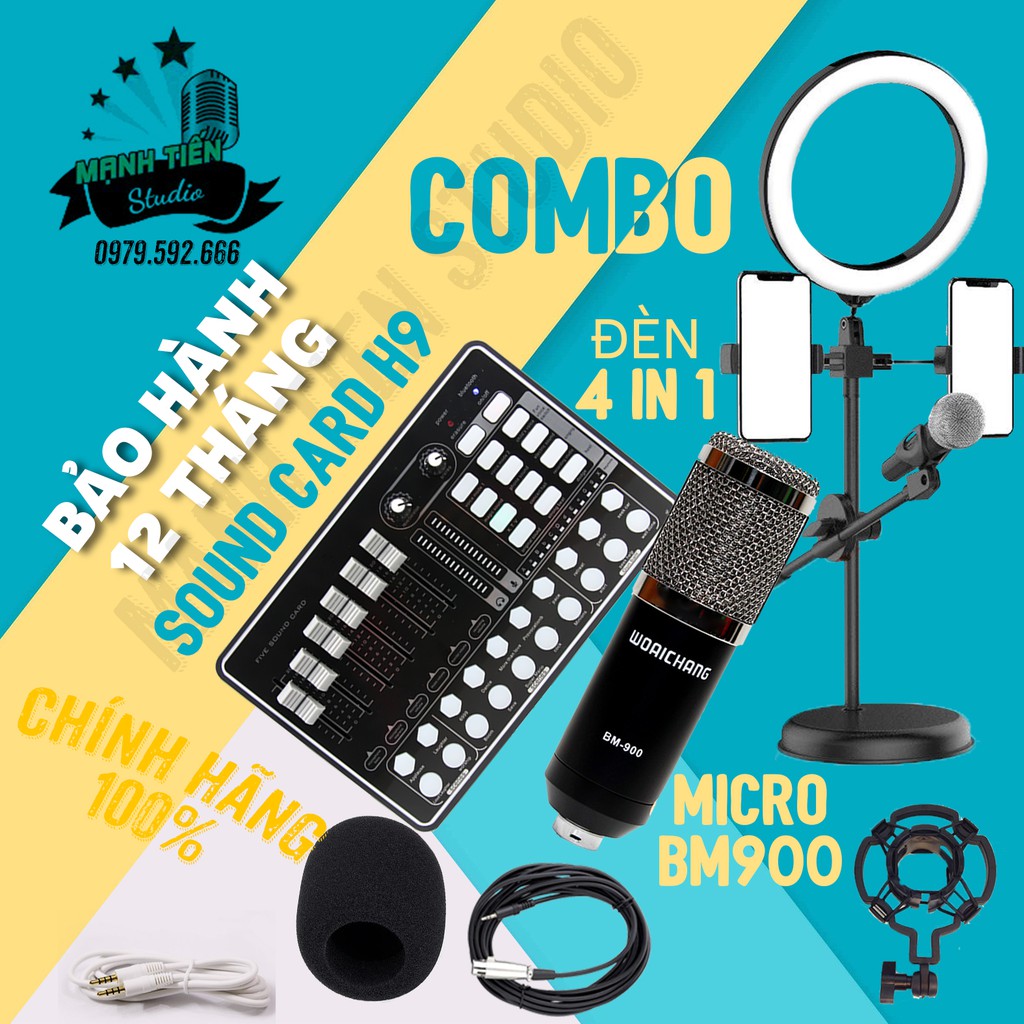 [SIÊU RẺ] Combo Sound Card H9 nhiều hiệu ứng + Micro BM900 + Đèn Livestream 4 in 1 tiện lợi giá rẻ chính hãng