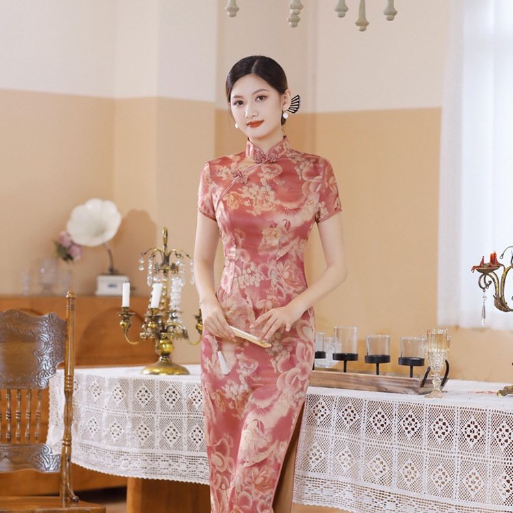 Đầm Sườn Xám Cách Tân Vải Satin Tay Ngắn Dáng Ôm Plus Size Phong Cách Trung Hoa Thời Trang Mùa Hè Thu Cho Nữ