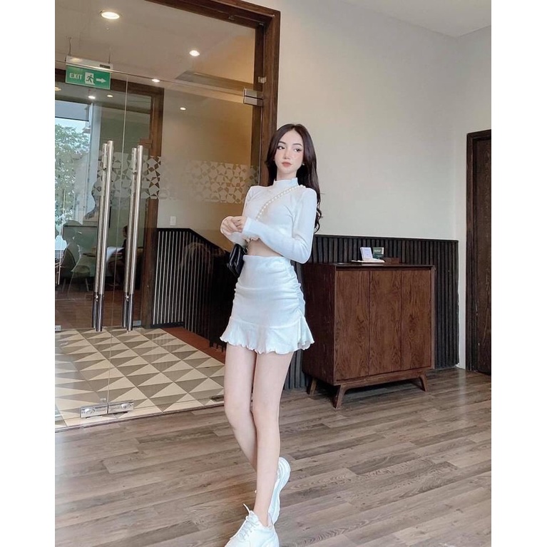 Set váy đầm nữ áo croptop dài tay mix chân váy bút chì đuôi cá freesize màu đen trắng phom ôm sexy tôn dáng C633 | BigBuy360 - bigbuy360.vn