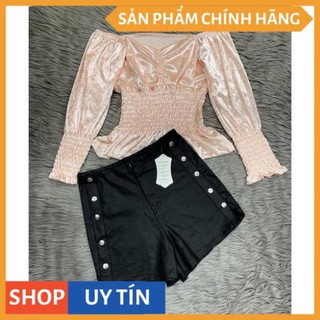 Quần short da lưng cao phối nút