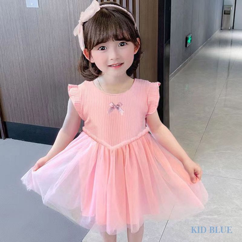 Đầm Công Chúa Không Tay Màu Trơn Phối Lưới Đính Nơ Xinh Xắn Cho Bé Gái