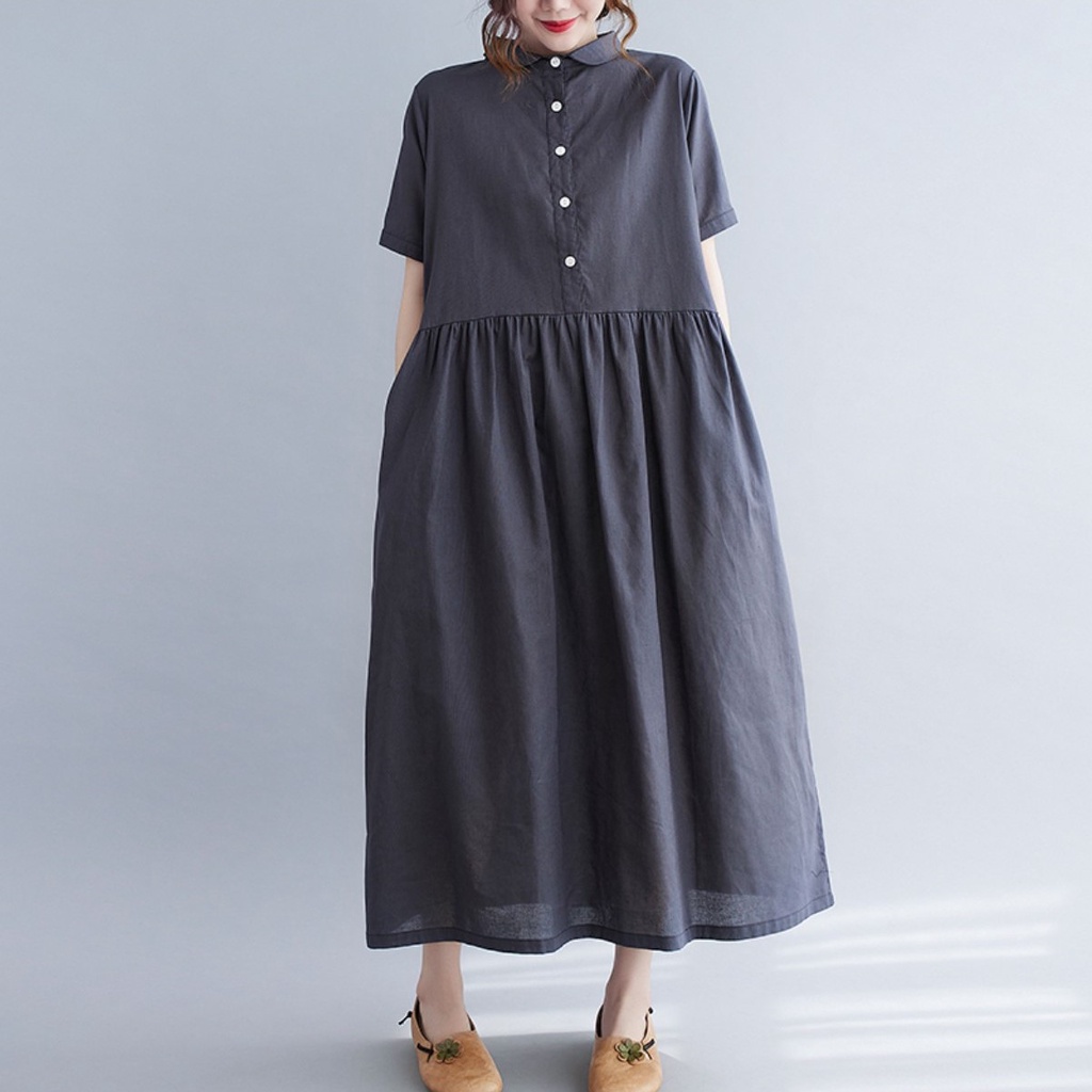Đầm suông linen cổ sơ mi, Đầm maxi ngắn tay chất liệu linen mềm mát, thời trang phong cách trẻ D158