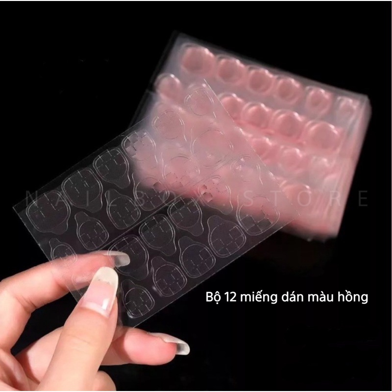 Miếng keo dán móng giả bằng silicon màu hồng, loại 12 miếng dán