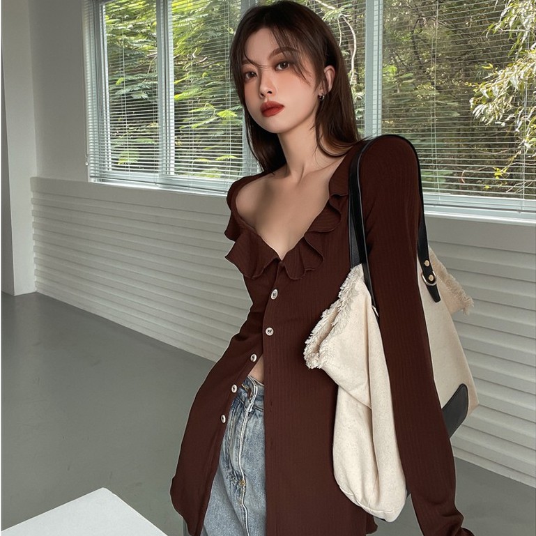 Áo QADCOL tay dài cổ chữ V thời trang sành điệu dành cho nữ