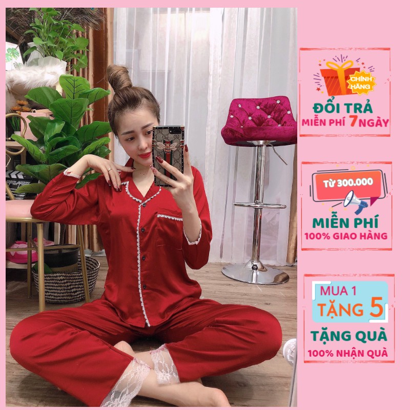 Bộ đồ ngủ, đồ bộ Pijama lụa nữ mặc nhà bộ ngủ lụa satin tay dài quần dài phối ren viền