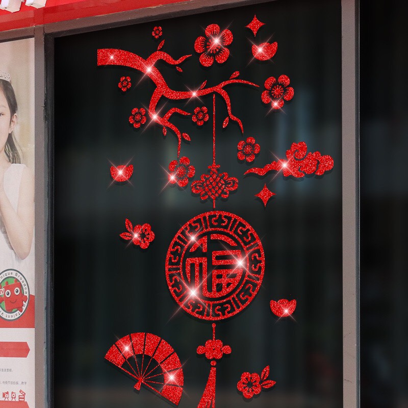 Decal trang trí tết - Cành Mai đỏ quạt què đỏ 02