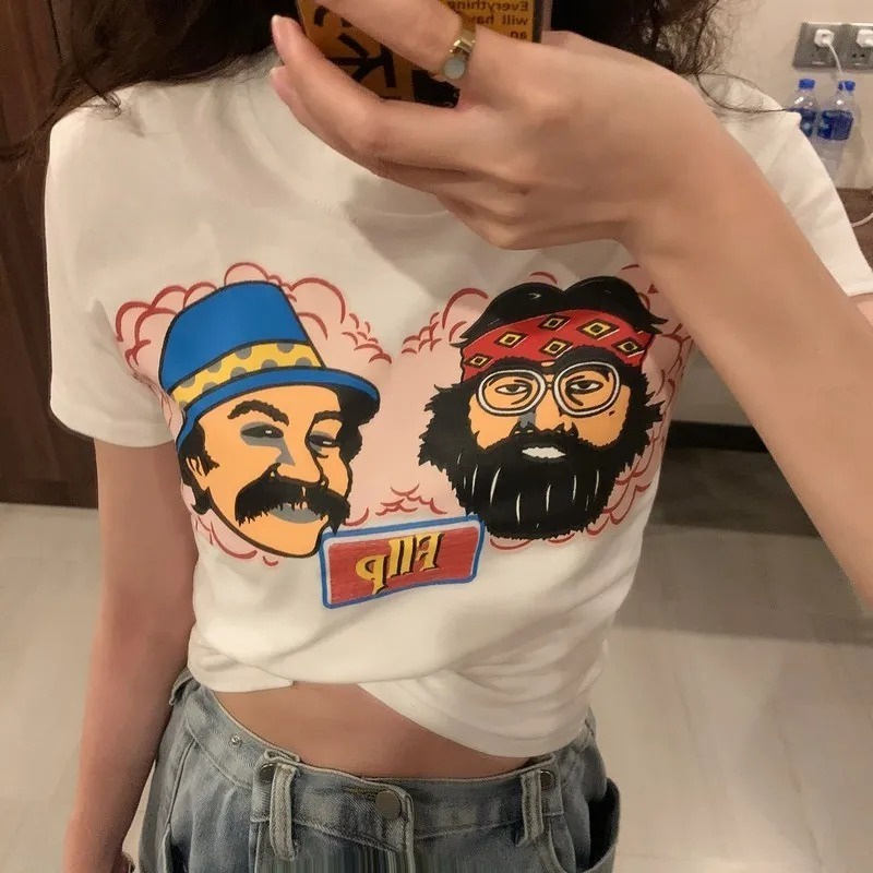 Áo Thun Lửng Ngắn Tay In Họa Tiết Dễ Thương