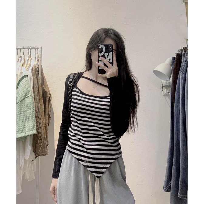 Áo thun kẻ tay dài vạt xẻ dây chéo cổ - hàng có sẵn