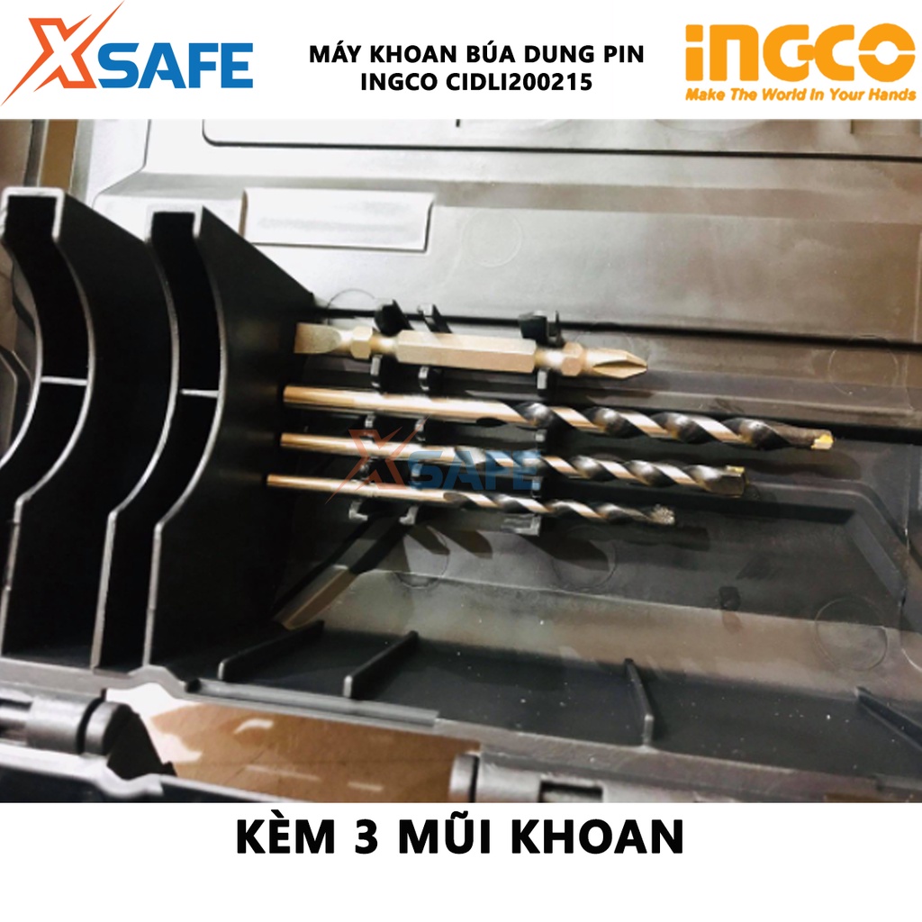 Máy khoan bê tông dùng pin 20V INGCO CIDLI200215 nhông hai tốc độ 400-1500v/p, lực đập 22500v/p, có đèn làm việc