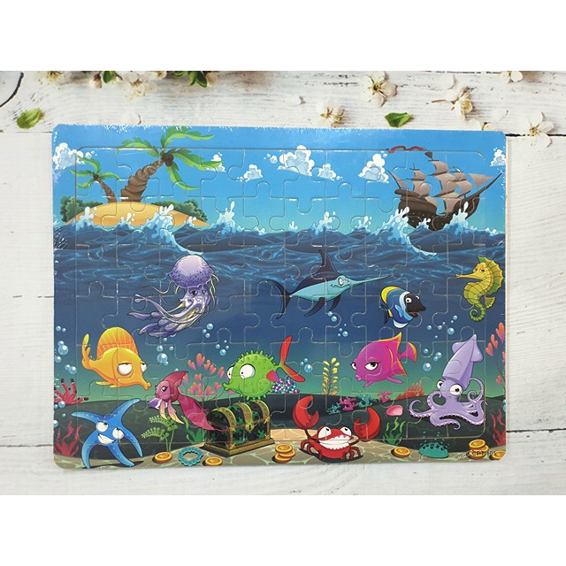 Tranh ghép hình puzzle gỗ 60 pcs - Loại khổ to A4 có nền gỗ và tranh mẫu để bé ghép theo