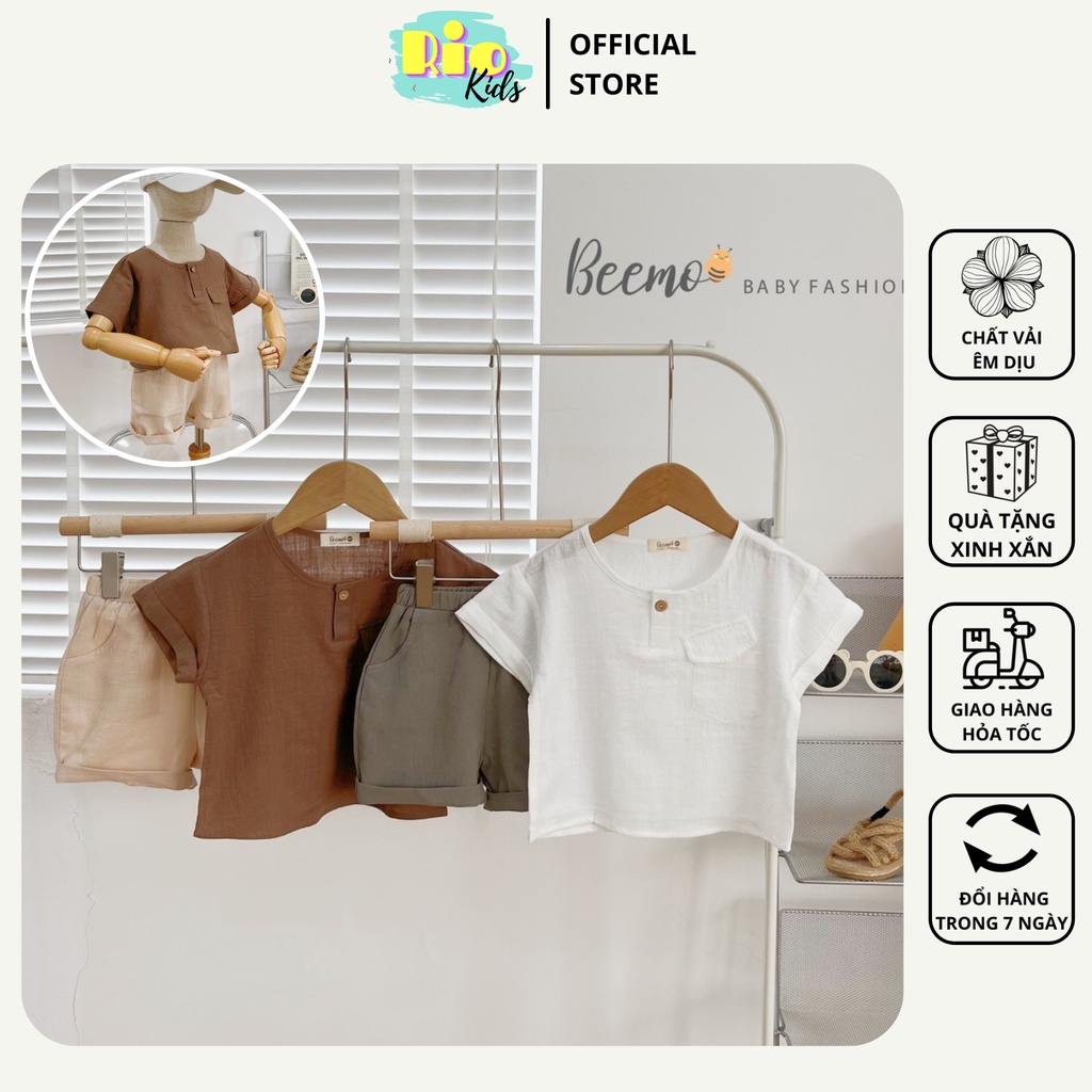 Set Bộ quần đùi áo cộc tay BEEMO chất đũi Hàn cho bé trai phong cách Hàn Quốc đi chơi, đi học- Riokids BE8