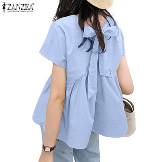 Áo kiểu ZANZEA thời trang nữ tay ngắn cổ tròn cột nơ sau lưng chất liệu cotton