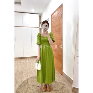 Đầm xanh bơ, chất linen