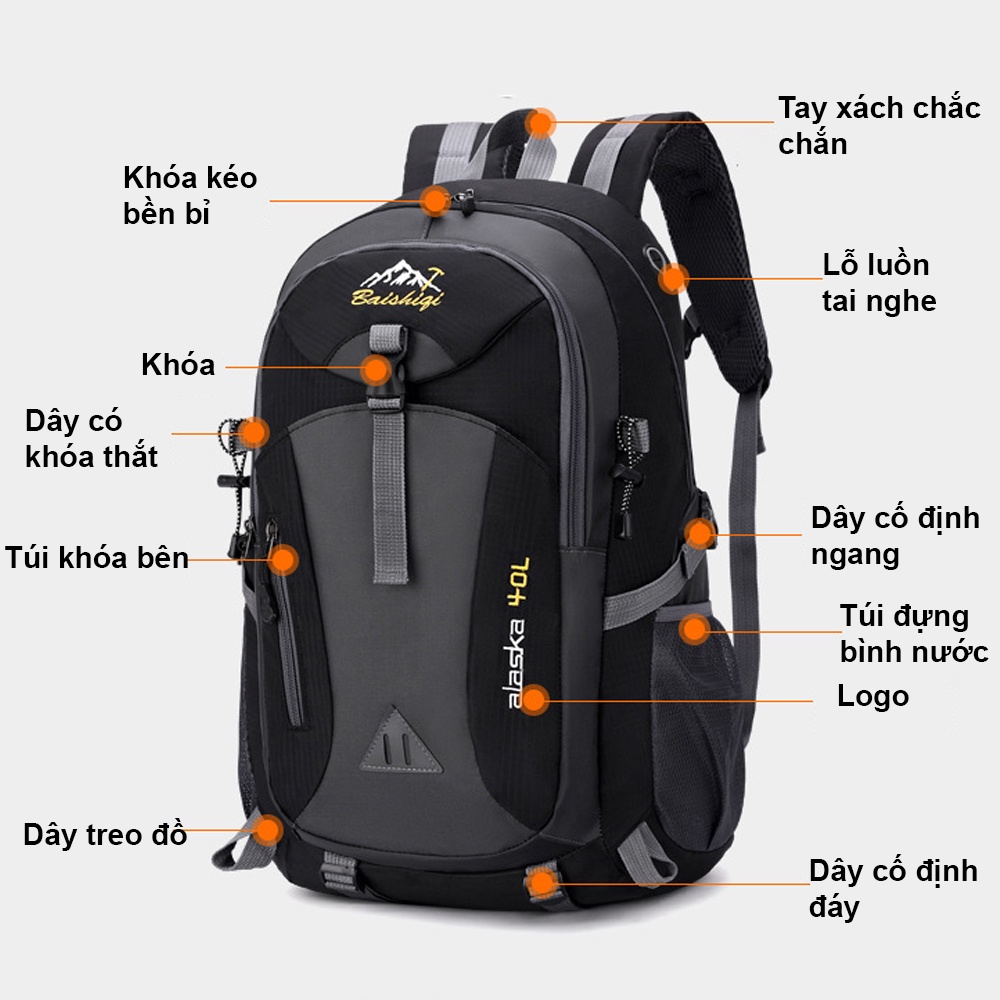 Balo đi phượt size lớn 40L, đi leo núi Alaska, balo du lịch vải dù chống nước, siêu nhẹ