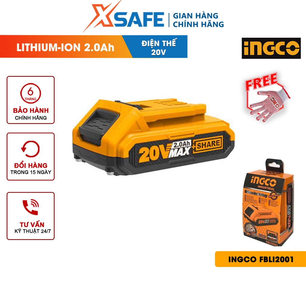 Pin Litium INGCO FBLI2001 2Ah Pin máy khoan điện thế 20V, có đèn led hiển thị dung lượng pin, dùng cho máy cầm tay INGCO