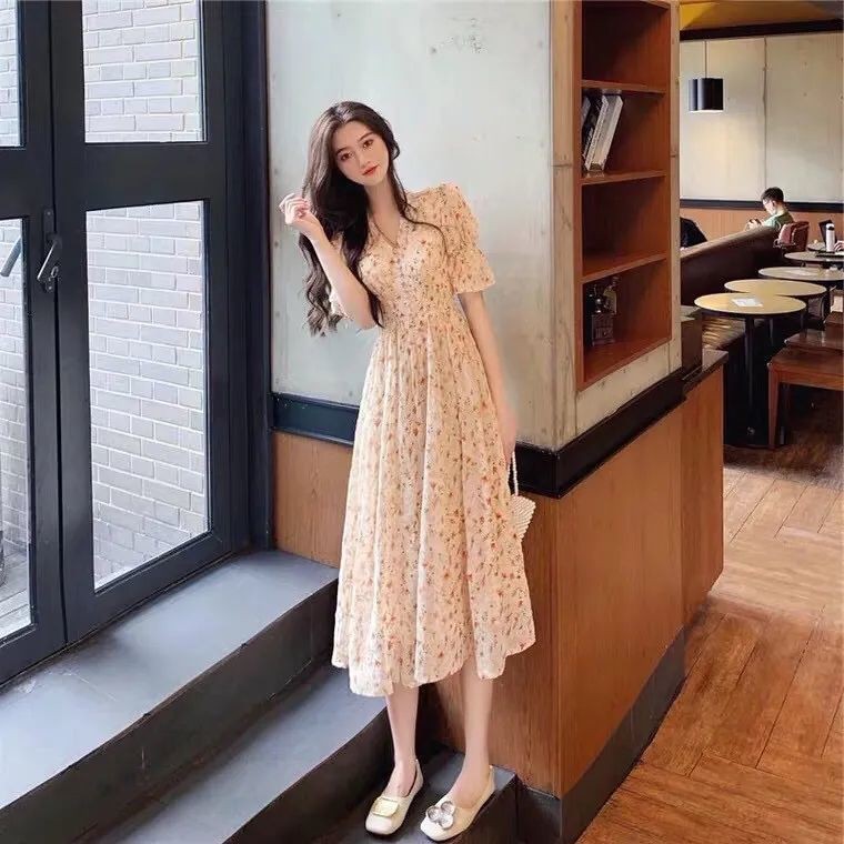 (HÀNG SẴN) Váy voan hoa dáng xòe dài cổ V tay phồng thắt eo nhẹ nhàng ngọt ngào mùa hè vintage MỚI 2021)343EAB