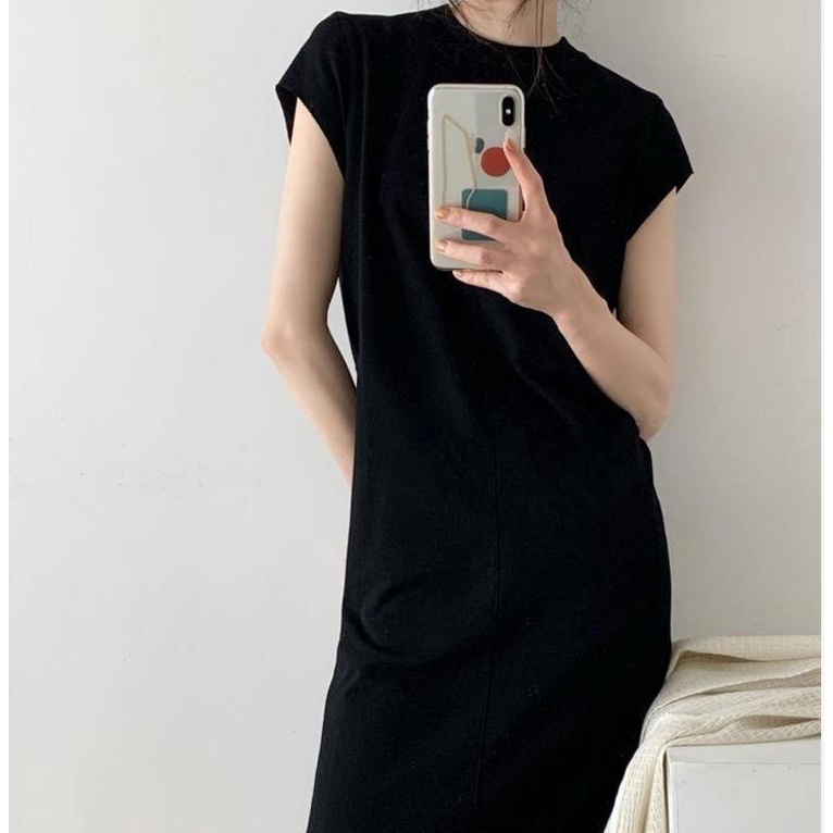Đầm Midi Tay Ngắn Cổ Tròn Xẻ Tà Đơn Giản Thời Trang Mùa Hè Xinh Xắn Cho Nữ