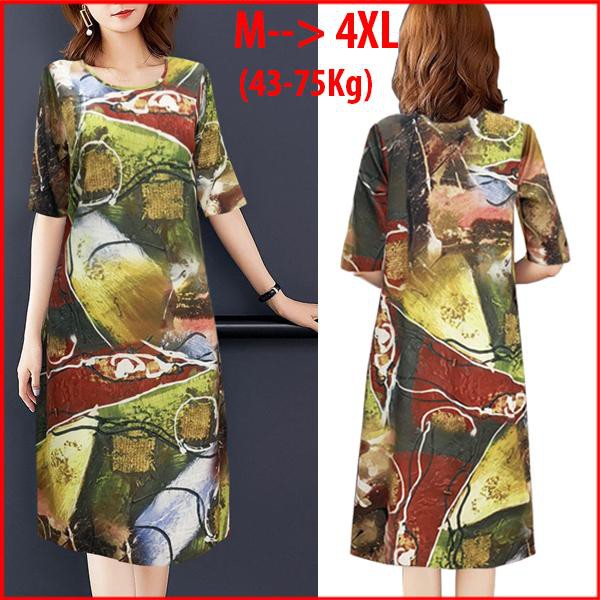 GOTI – Hình Thật – Áo Đầm Trung Niên Dự Tiệc Cao Cấp Vải Silk Lụa Giấu Bụng Dành Cho Mẹ U50 U6 In Hoạ Tiết Lập Thể 3232