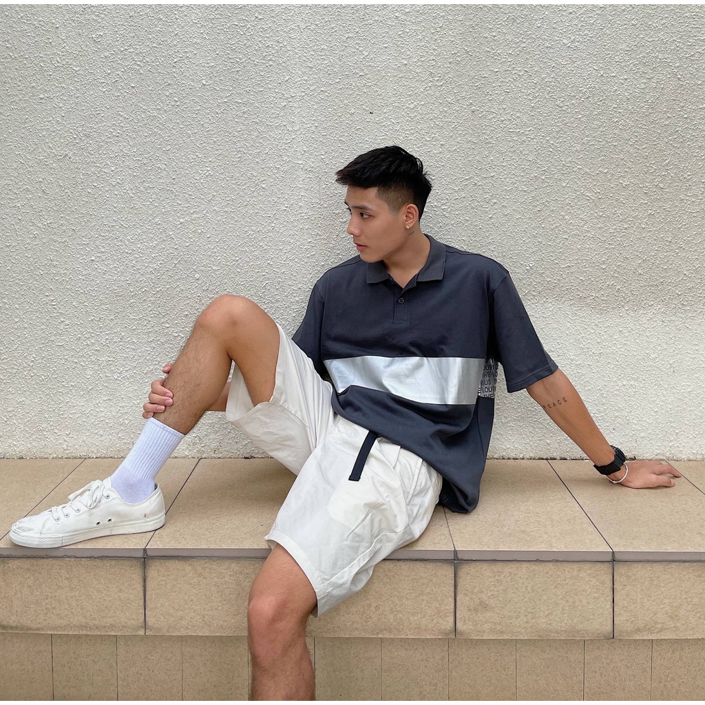 Áo POLO LOGO 2 Màu Đen, Xám In Mảng Nhũ Nổi Bật Unisex Oversize