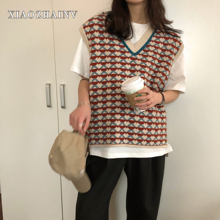 Áo Sát Nách Xiaozhainv Dệt Kim Cổ Chữ V Họa Tiết Kẻ Sọc Phong Cách Retro Hàn Quốc Dễ Phối Đồ Dành Cho Học Sinh | BigBuy360 - bigbuy360.vn