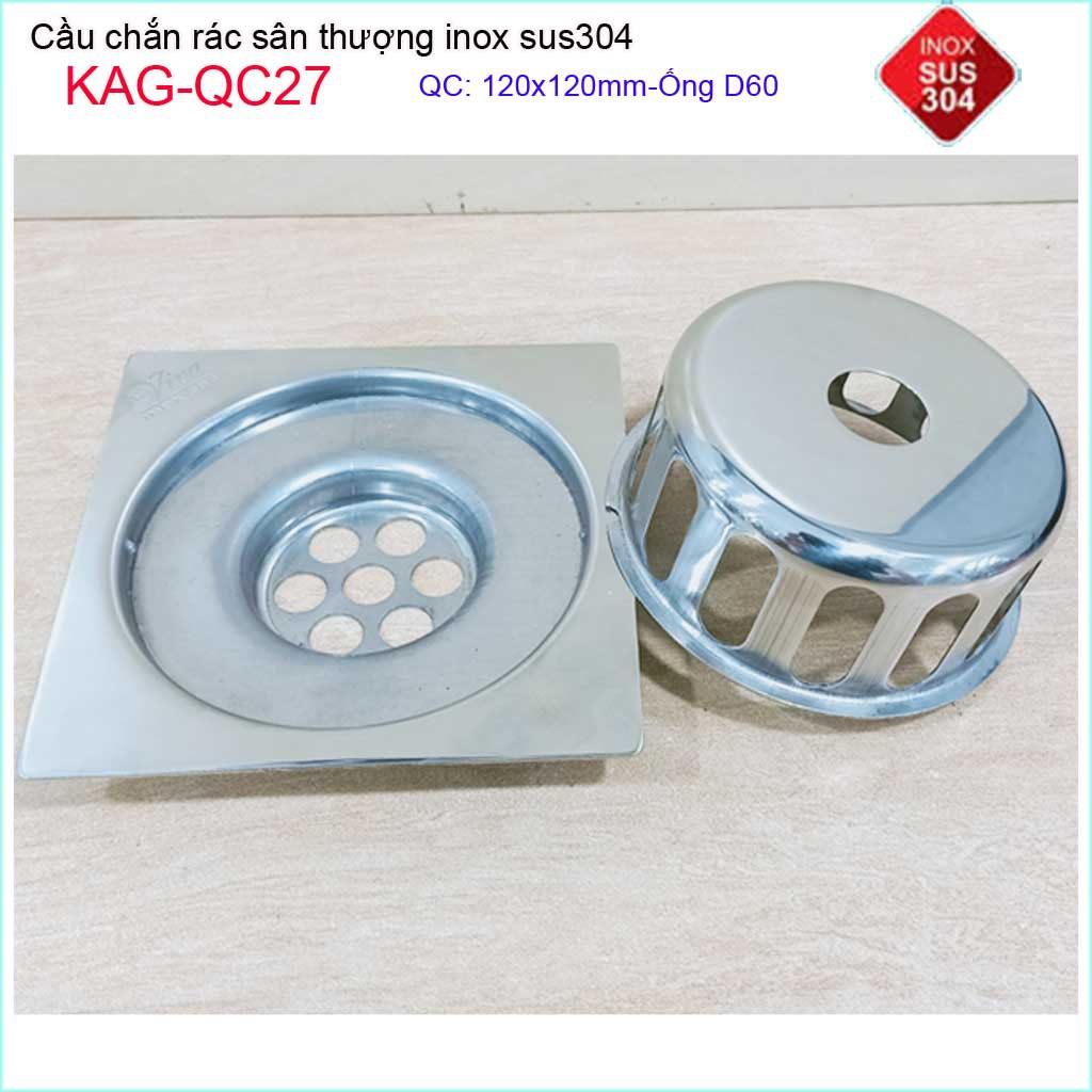 Cầu chắn rác đế vuông 12x12 D60 KAG-QC27, thoát nước sân thượng SUS304 ống 6cm thoát nhanh chắn rác tốt