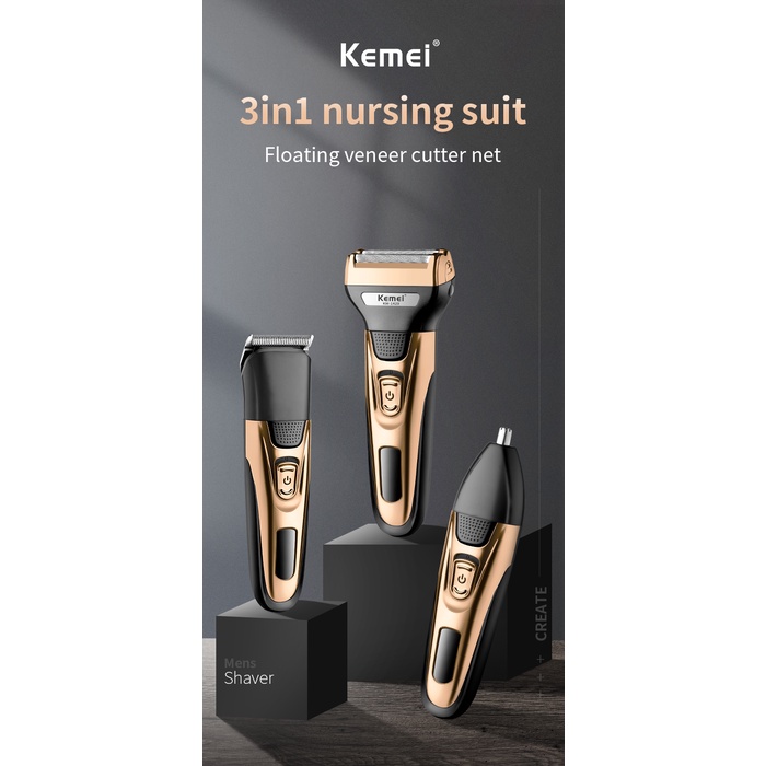 Tông đơ Kemei tỉa lông cơ thể/râu/mũi sử dụng điện 3 trong 1 tiện lợi