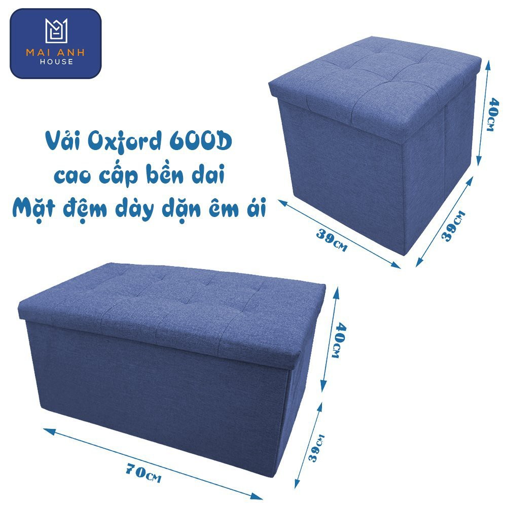 Ghế đôn dáng dài kiêm hộp đựng đồ gấp gọn Mai Anh House MA03, thân gỗ MDF bọc vải Oxford 600D, nắp nệm mút êm ái